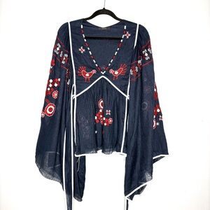 Vita Kin Country Bird Floral Embroidered Peacock Linen Blouse Navy Blue Size XS